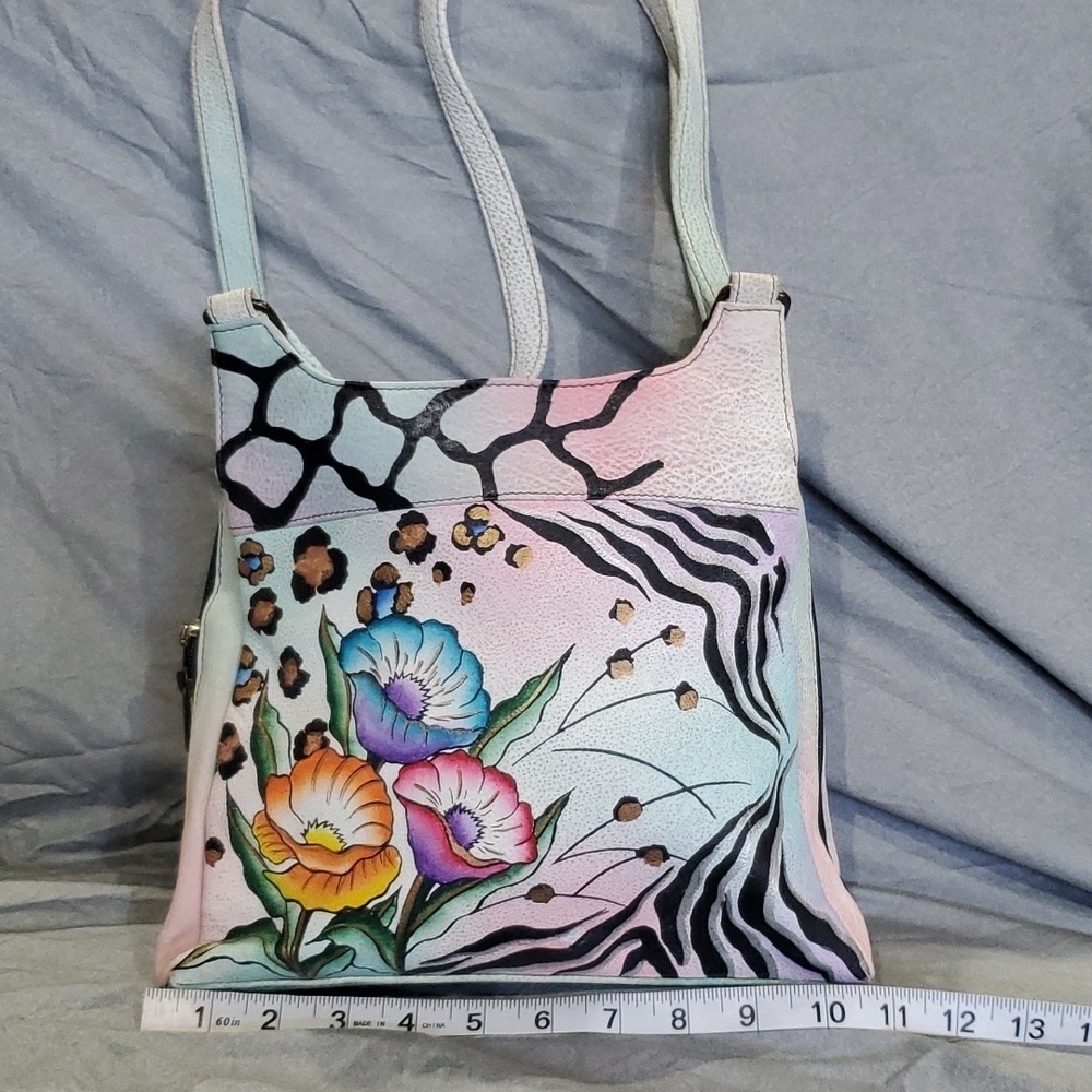 Anuschka handpainted pastel floral animal pattern leather shoulder bag